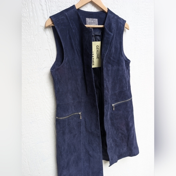 NWT Jessica London Blue Genuine Leather Open Long Vest Women's Size 14W - Picture 2 of 5